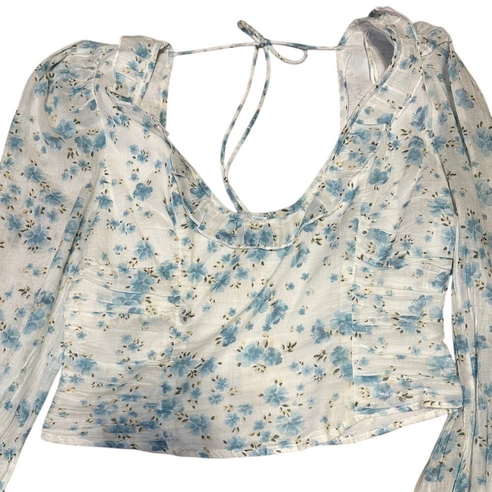 Free People Ivory Combo Floral Puff Sleeve Crop Blouse NWT Large Cottagecore - Picture 3 of 8